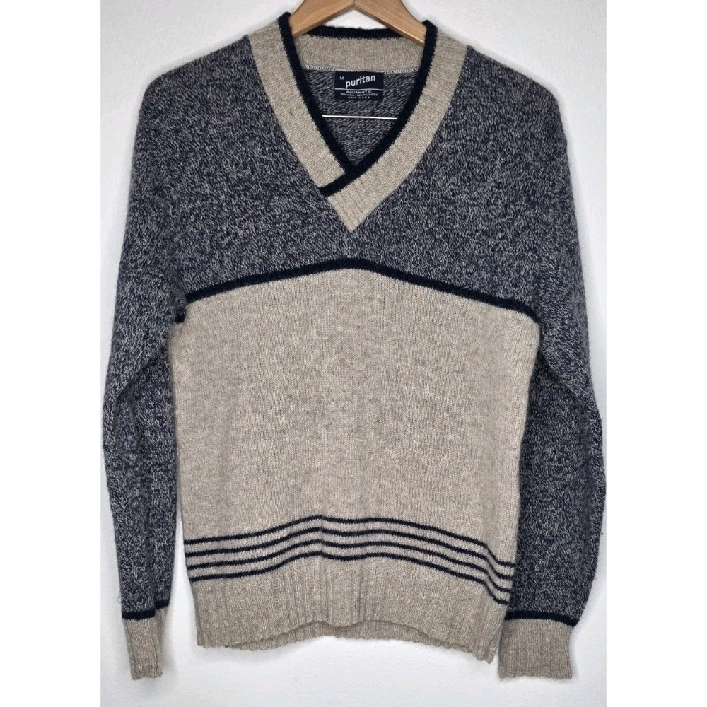 Vintage Puritan 70s 80s Navy Tan Pullover Cable Knit Sweater Wool Vneck Warm‎
